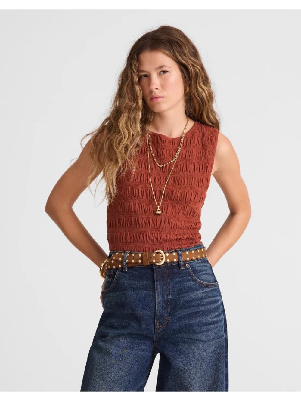 Madewell Smocked Boatneck Tank Top Women’s XS Henna Brown Cotton Linen Blend NWT - Picture 3 of 16